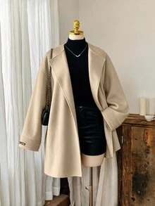 SHEIN LUNE CURVE Women's Plus Size Autumn/Winter Unlined Solid Light Khaki Fashion Minimalist Loose Cardigan Overcoat, Cuff Strip Design, With Pockets, Suitable For Outings, Commuting And Daily Wear - Khaki - View 7