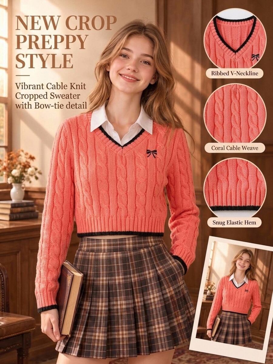 SHEIN Tween Girl Vintage Embroidered Cable Knit Fashion Long Sleeve Sweater Autumn Winter - Pink - View 1