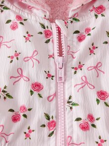 SHEIN 女童粉色花卉蝴蝶結圖案印花長袖厚絨內裡連帽外套，適合日常休閒穿著與校園穿搭 - 粉色 - 查看 8