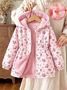 SHEIN 女童粉色花卉蝴蝶結圖案印花長袖厚絨內裡連帽外套，適合日常休閒穿著與校園穿搭 - 粉色 - 查看 6