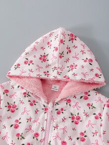 SHEIN 女童粉色花卉蝴蝶結圖案印花長袖厚絨內裡連帽外套，適合日常休閒穿著與校園穿搭 - 粉色 - 查看 10
