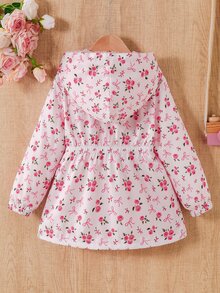 SHEIN 女童粉色花卉蝴蝶結圖案印花長袖厚絨內裡連帽外套，適合日常休閒穿著與校園穿搭 - 粉色 - 查看 2
