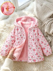 SHEIN 女童粉色花卉蝴蝶結圖案印花長袖厚絨內裡連帽外套，適合日常休閒穿著與校園穿搭 - 粉色 - 查看 5