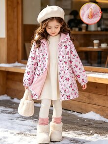 SHEIN 女童粉色花卉蝴蝶結圖案印花長袖厚絨內裡連帽外套，適合日常休閒穿著與校園穿搭 - 粉色 - 查看 1