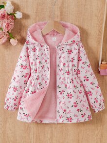 SHEIN 女童粉色花卉蝴蝶結圖案印花長袖厚絨內裡連帽外套，適合日常休閒穿著與校園穿搭 - 粉色 - 查看 7