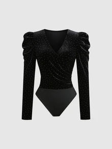Balvessa Rhinestone Velvet Criss-Cross Neck Elegant Party Long Sleeve Women Bodysuit - Black - View 5