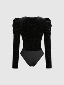 Balvessa Rhinestone Velvet Criss-Cross Neck Elegant Party Long Sleeve Women Bodysuit - Black - View 7
