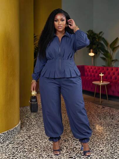 Veslaya 2026 Spring/Summer Women's Plus Size New Bold, Classy Feminine Style Tummy Control Fit Breathable Elegant Romantic Classic Navy Blue Waist-Cinching Long Sleeve Shirt And Balloon Pants Set