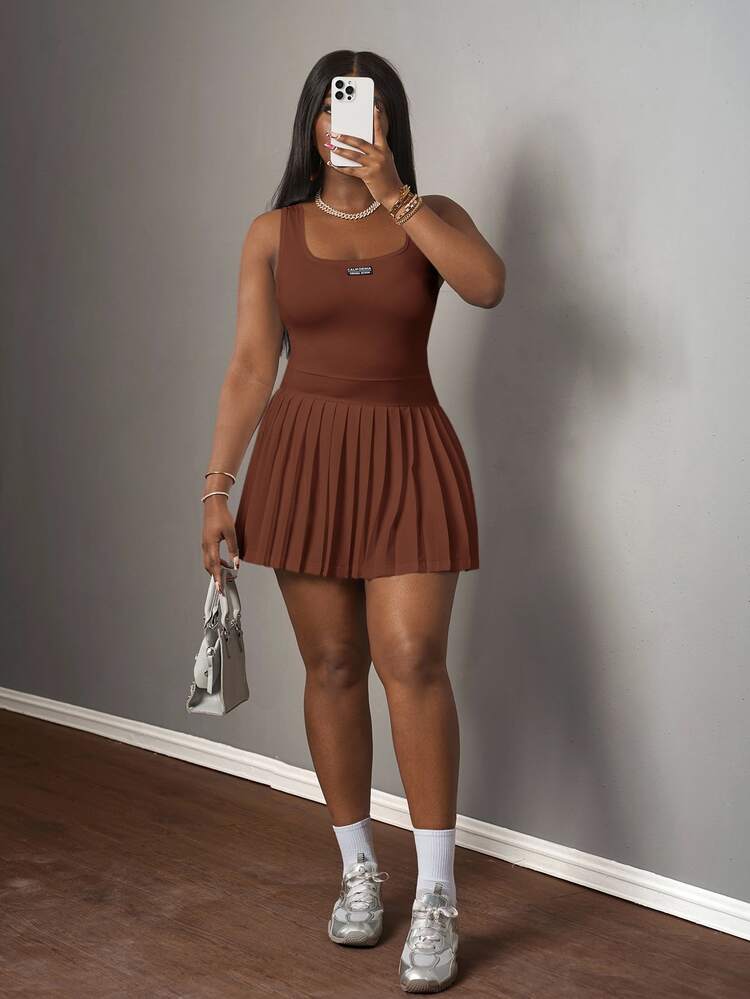 Veslaya Women's Brown Summer Casual Bussines Tennis Back-To-School Knitted Mini Dress,Basic U-Neck Racer Vest & Pleated Skirt With Shorts Culottes Set - Brown - View 4