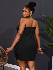Veslaya Plus Size Women Black Summer Elegant Night Out Club Textured Strapless Bodycon Mini Dress,Casual&Vacation Draped Ruched Tube Dress For Resort,Party - Black - View 2