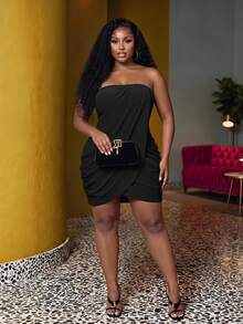 Veslaya Plus Size Women Black Summer Elegant Night Out Club Textured Strapless Bodycon Mini Dress,Casual&Vacation Draped Ruched Tube Dress For Resort,Party - Black - View 1