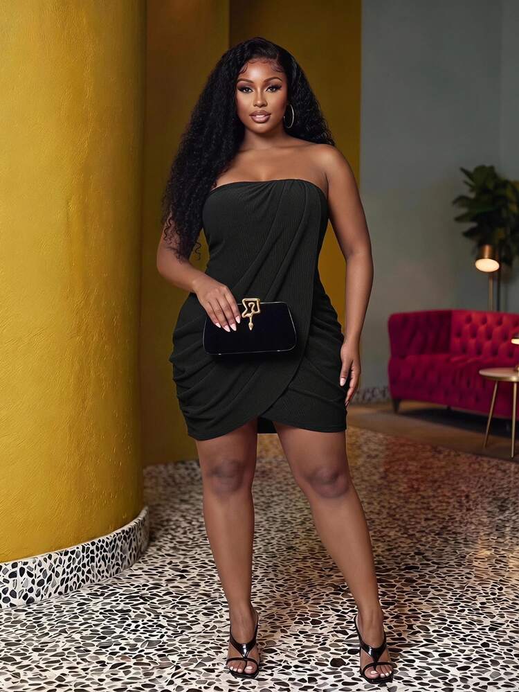 Veslaya Plus Size Women Black Summer Elegant Night Out Club Textured Strapless Bodycon Mini Dress,Casual&Vacation Draped Ruched Tube Dress For Resort,Party - Black - View 1