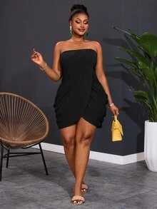 Veslaya Plus Size Women Black Summer Elegant Night Out Club Textured Strapless Bodycon Mini Dress,Casual&Vacation Draped Ruched Tube Dress For Resort,Party - Black - View 6