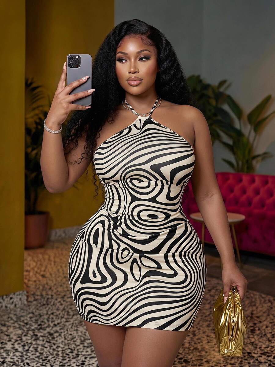 Veslaya Plus Size Elegant Bodycon Halter Neck Tie-Dye Print Dress For Summer - Multicolor - View 1