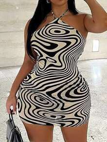 Veslaya Plus Size Elegant Bodycon Halter Neck Tie-Dye Print Dress For Summer - Multicolor - View 7