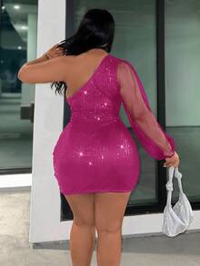 Veslaya Slayr Plus Elegant Party Sequin & Mesh Splice Bodycon One-Shoulder Plus Size Mini Dress/Fall/Winter - Hot Pink - View 2