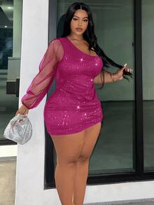 Veslaya Slayr Plus Elegant Party Sequin & Mesh Splice Bodycon One-Shoulder Plus Size Mini Dress/Fall/Winter - Hot Pink - View 3