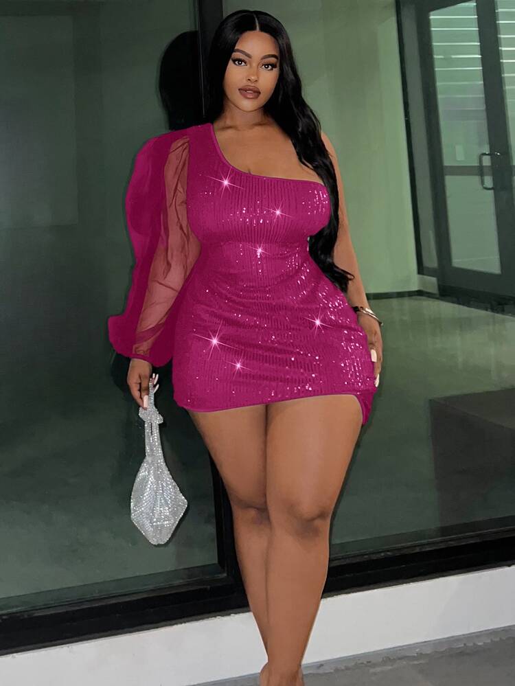 Veslaya Slayr Plus Elegant Party Sequin & Mesh Splice Bodycon One-Shoulder Plus Size Mini Dress/Fall/Winter - Hot Pink - View 5