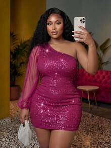 Veslaya Slayr Plus Elegant Party Sequin & Mesh Splice Bodycon One-Shoulder Plus Size Mini Dress/Fall/Winter - Hot Pink - View 1