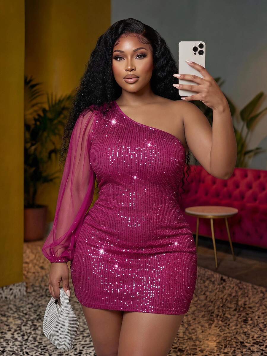Veslaya Slayr Plus Elegant Party Sequin & Mesh Splice Bodycon One-Shoulder Plus Size Mini Dress/Fall/Winter - Hot Pink - View 1