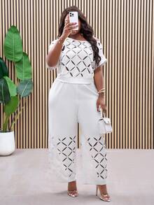 Slaydiva Plus Size Summer White Asymmetrical Shoulder Embroidered 2 Pieces Set, Elegant Vacation,Holiday Outfits - White - View 4