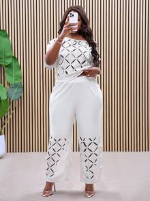Slaydiva Plus Size Summer White Asymmetrical Shoulder Embroidered 2 Pieces Set, Elegant Vacation,Holiday Outfits - White - View 3