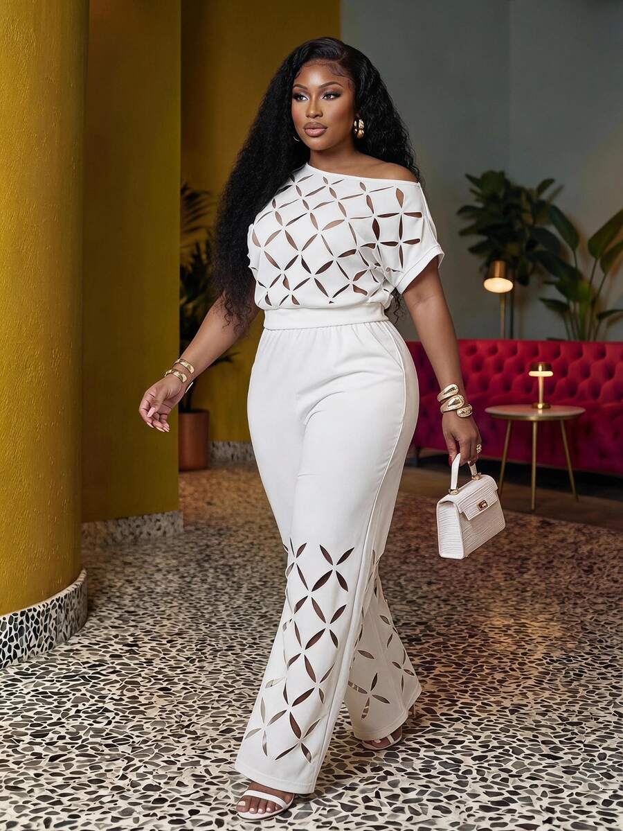 Slaydiva Plus Size Summer White Asymmetrical Shoulder Embroidered 2 Pieces Set, Elegant Vacation,Holiday Outfits - White - View 1
