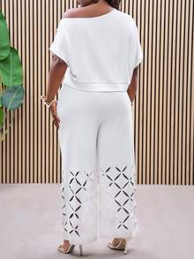 Slaydiva Plus Size Summer White Asymmetrical Shoulder Embroidered 2 Pieces Set, Elegant Vacation,Holiday Outfits - White - View 2