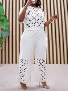 Slaydiva Plus Size Summer White Asymmetrical Shoulder Embroidered 2 Pieces Set, Elegant Vacation,Holiday Outfits - White - View 6