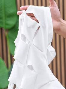 Slaydiva Plus Size Summer White Asymmetrical Shoulder Embroidered 2 Pieces Set, Elegant Vacation,Holiday Outfits - White - View 5