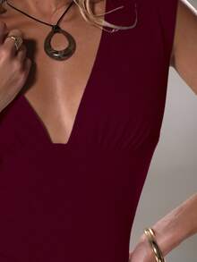 TRNVIE Women Deep V Neck Casual Tight Fitted Tops, Spring/Summer - Burgundy - View 4