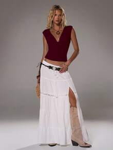 TRNVIE Women Deep V Neck Casual Tight Fitted Tops, Spring/Summer - Burgundy - View 5