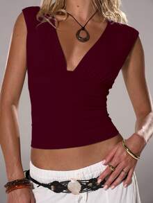 TRNVIE Women Deep V Neck Casual Tight Fitted Tops, Spring/Summer - Burgundy - View 7