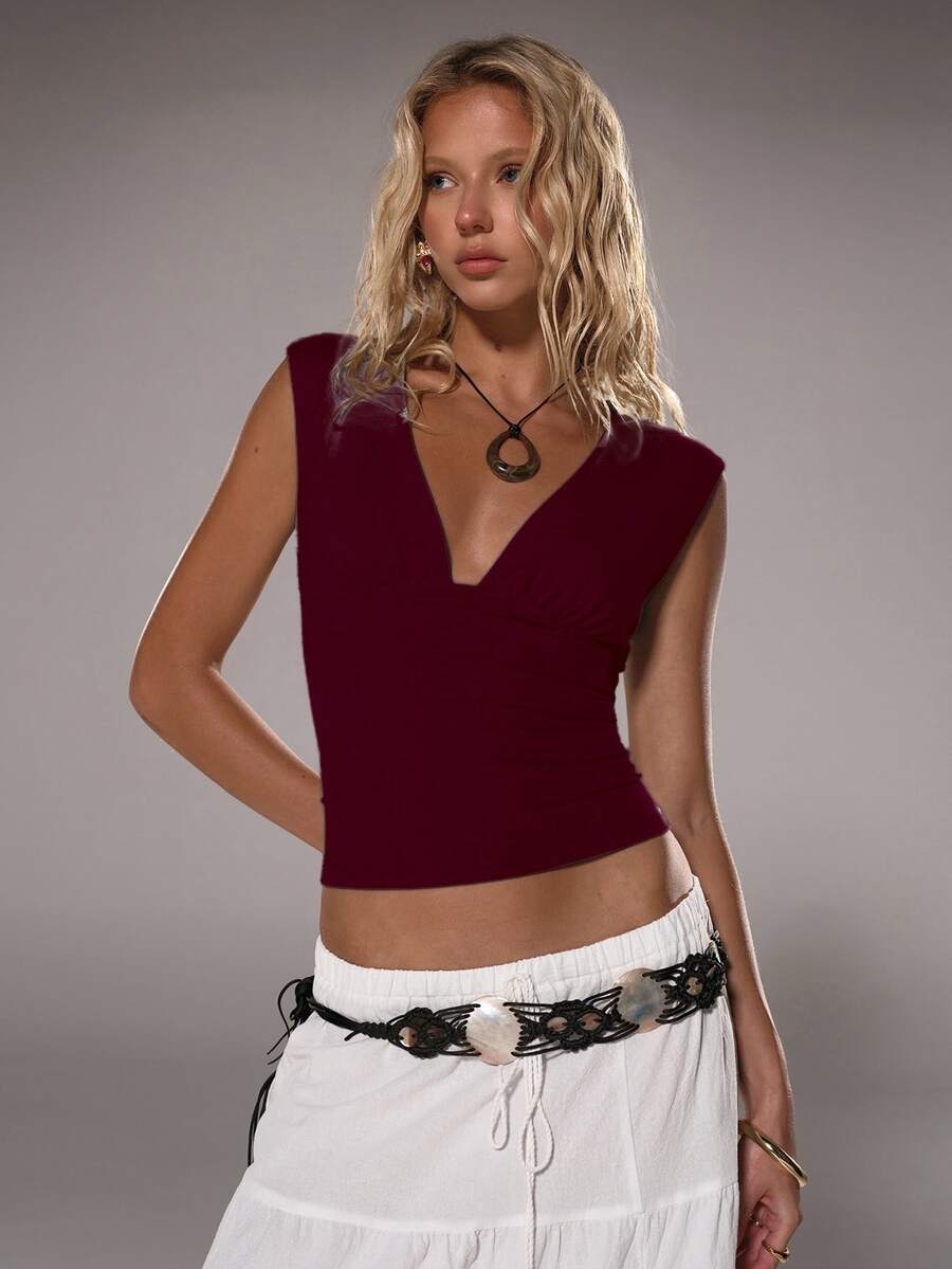 TRNVIE Women Deep V Neck Casual Tight Fitted Tops, Spring/Summer - Burgundy - View 1