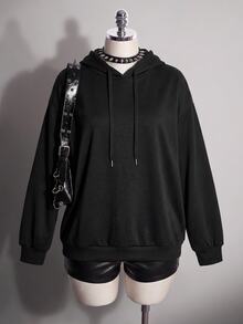 SHEIN CURVE+ Plus Size Women's Casual Simple American Retro English Printed Pattern Hooded Long Sleeved Loose Wom - Black - View 4