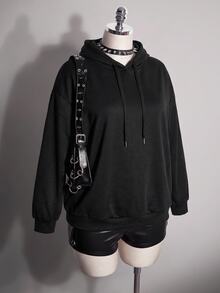 SHEIN CURVE+ Plus Size Women's Casual Simple American Retro English Printed Pattern Hooded Long Sleeved Loose Wom - Black - View 6