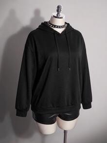 SHEIN CURVE+ Plus Size Women's Casual Simple American Retro English Printed Pattern Hooded Long Sleeved Loose Wom - Black - View 3