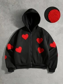 ROMWE MEN Men's Loose Fit Hooded Sweatshirt With Heart Towel Embroidery - Black - View 1