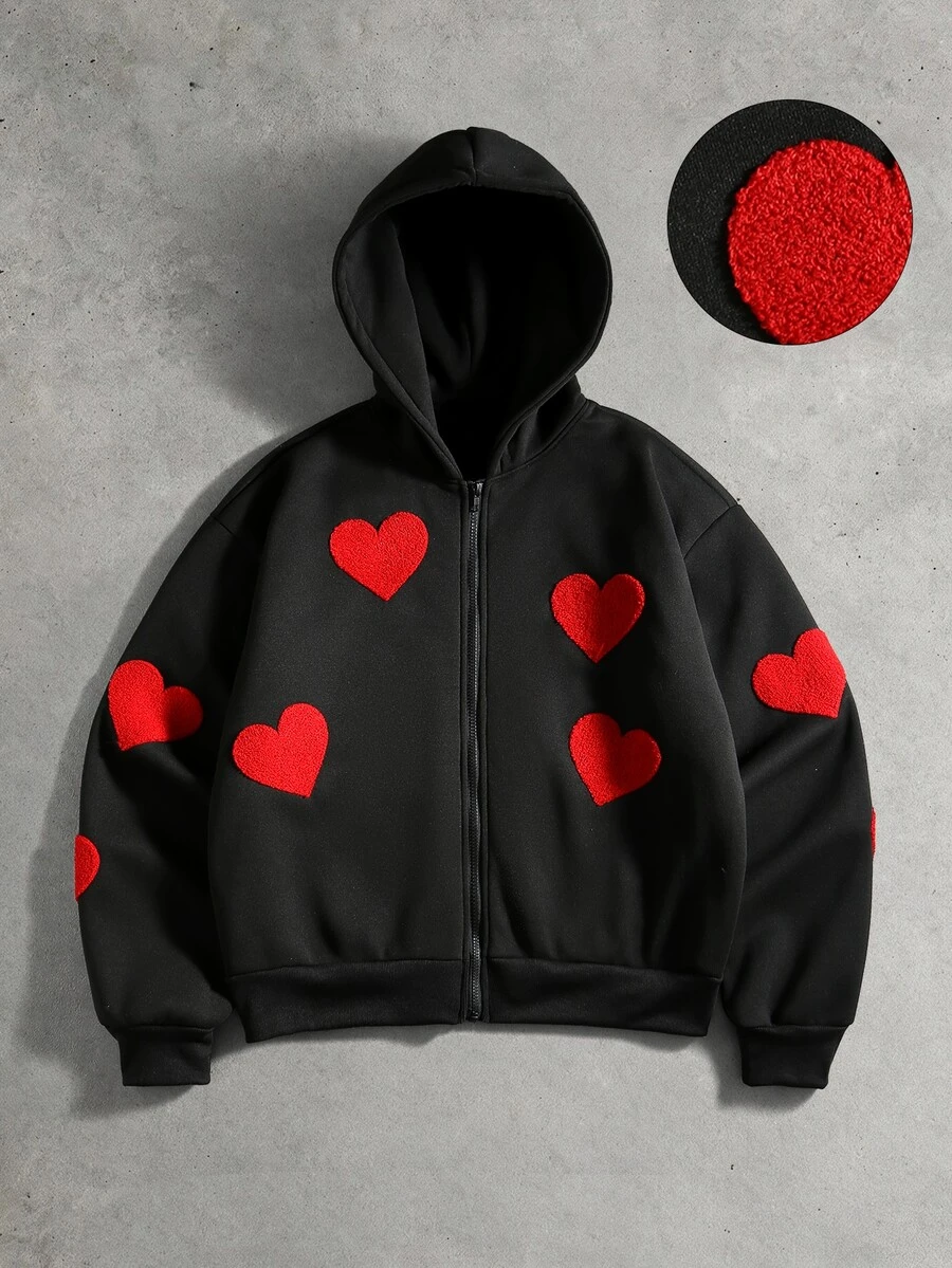 ROMWE MEN Men's Loose Fit Hooded Sweatshirt With Heart Towel Embroidery - Black - View 1
