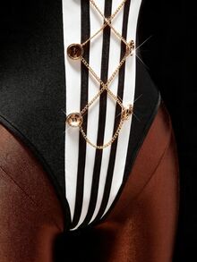Amplova Only Bodysuit, Halloween Napoleon Style Black And White Striped Tassel Fitted Bodycon Waist-Cinched Button Chain Women's Party Night Out Summer Sexy - Black and White - View 6