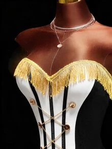 Amplova Only Bodysuit, Halloween Napoleon Style Black And White Striped Tassel Fitted Bodycon Waist-Cinched Button Chain Women's Party Night Out Summer Sexy - Black and White - View 4