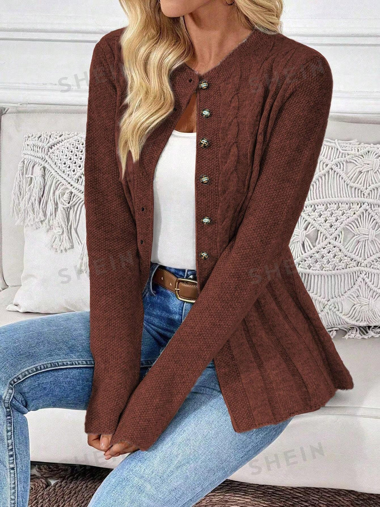 EMERY ROSE Autumn/Winter Casual Versatile Solid Color Cardigan Thanksgiving Office Maroon - Coffee Brown - View 1