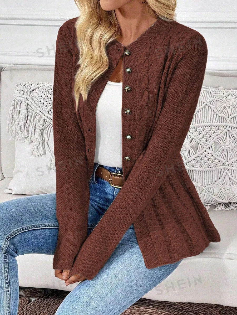 EMERY ROSE Autumn/Winter Casual Versatile Solid Color Cardigan Thanksgiving Office Maroon - Coffee Brown - View 1