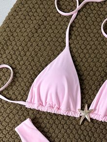 SHEIN Swim Plus Size Women's Plain Color Shoulder Strap Metal Decor Sexy Pink Bikini Set, Summer - Pink - View 5