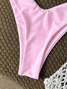 SHEIN Swim Plus Size Women's Plain Color Shoulder Strap Metal Decor Sexy Pink Bikini Set, Summer - Pink - View 7