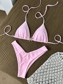 SHEIN Swim Plus Size Women's Plain Color Shoulder Strap Metal Decor Sexy Pink Bikini Set, Summer - Pink - View 4