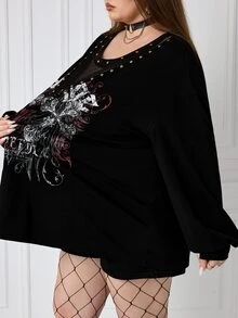 SHEIN CURVE+ Women's Plus Size Y2K Retro Punk Cross Print Casual Sweatshirt, Halloween Costume - Black - View 8
