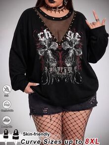 SHEIN CURVE+ Women's Plus Size Y2K Retro Punk Cross Print Casual Sweatshirt, Halloween Costume - Black - View 1