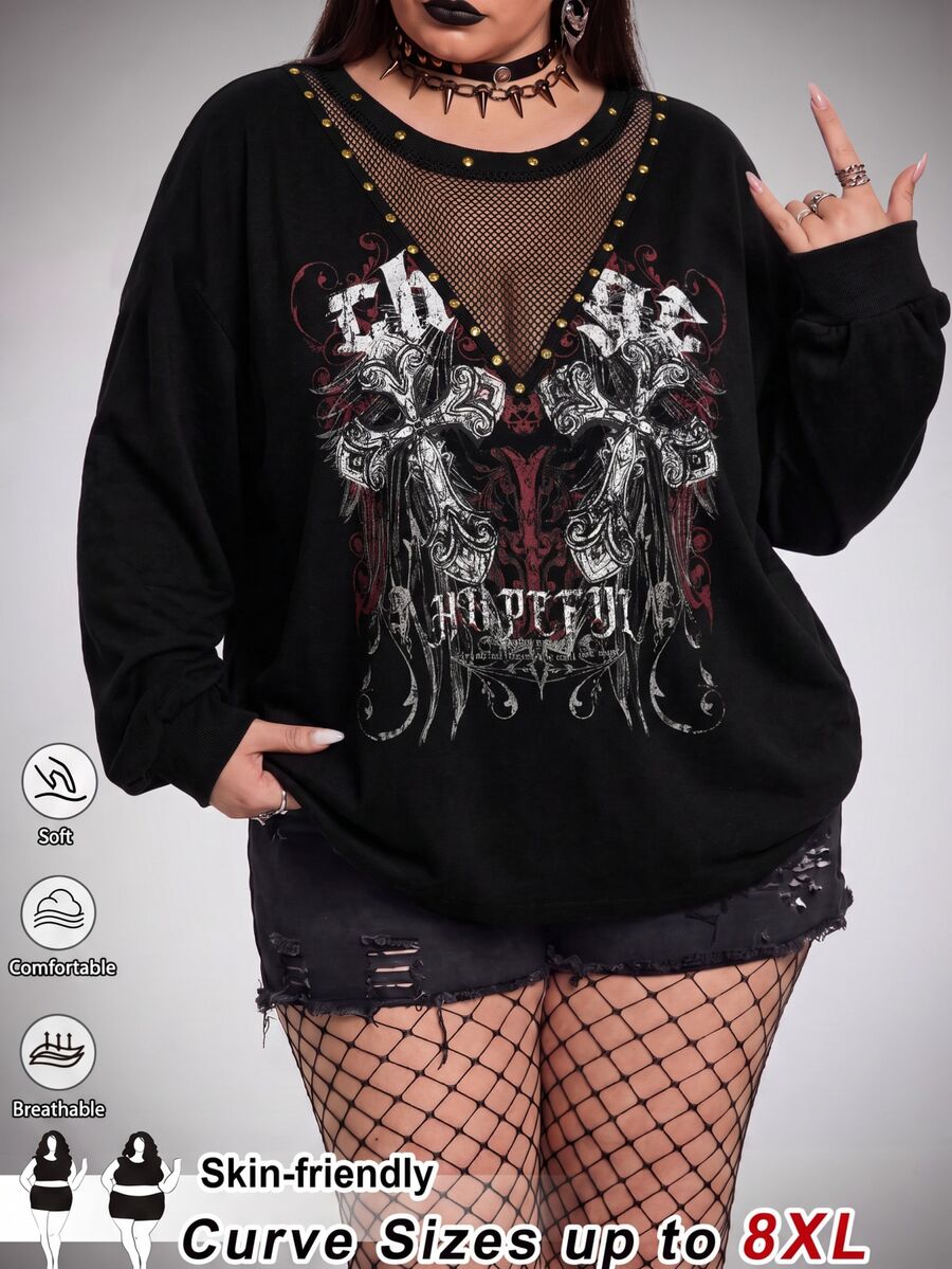 SHEIN CURVE+ Women's Plus Size Y2K Retro Punk Cross Print Casual Sweatshirt, Halloween Costume - Black - View 1