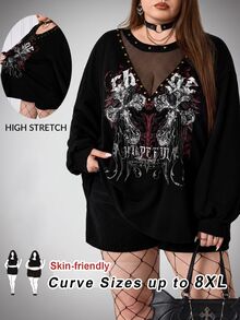 SHEIN CURVE+ Women's Plus Size Y2K Retro Punk Cross Print Casual Sweatshirt, Halloween Costume - Black - View 7